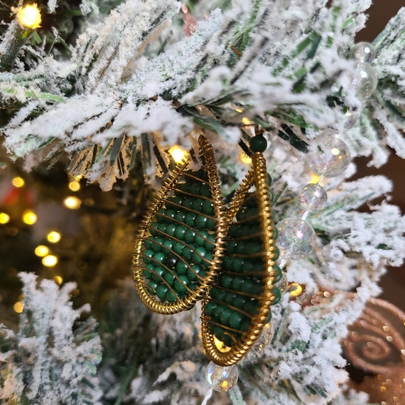 Festive Green and Gold Bead Earrings - Picture 2 of 3